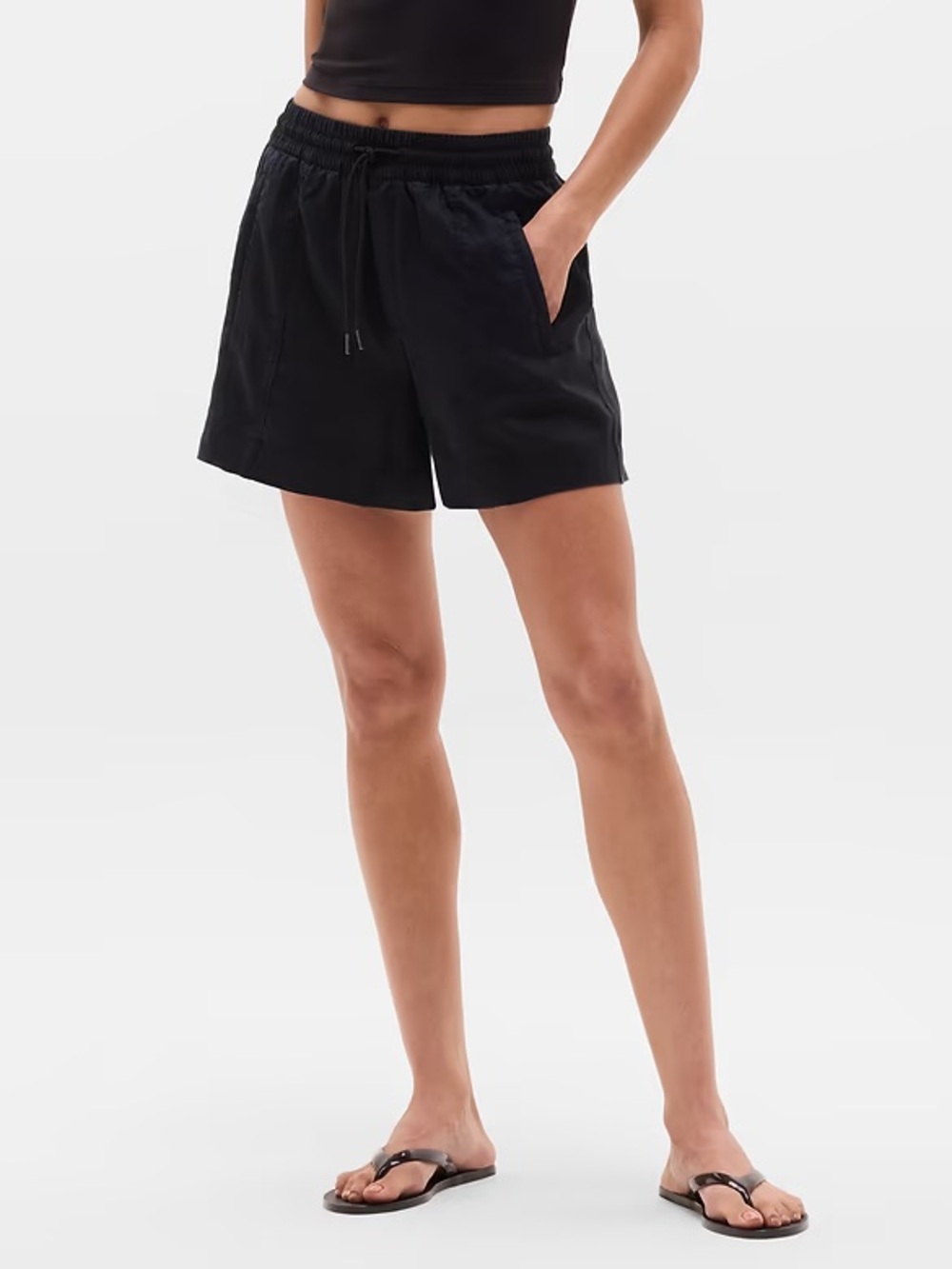 Athleta Retreat Linen Mid Rise 4” Shorts Black Size Large L Pull On Drawstring